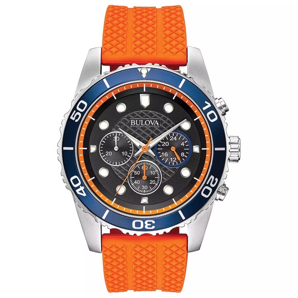 Bulova Men’s Chronograph Sport Watch Orange Silicone Strap Blue Bezel NWT 98A204 - Picture 1 of 8